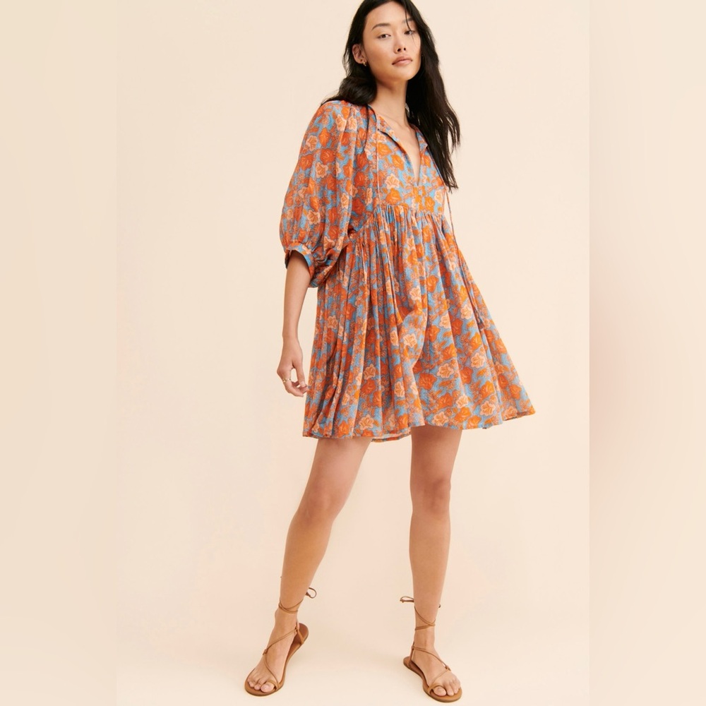 SUNDRY FLORAL MINI SHIFT DRESS SIZE 2 (MEDIUM) SLEEVES ORANGE AND BLUE - Picture 4 of 16